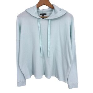 Eileen Fisher Waffle Knit Hoodie Light Aqua M Tencel Blend Drop Shoulder Cropped